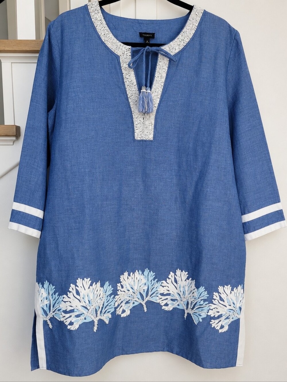 Talbots Blue Embroidered Tunic with White Trim Size M